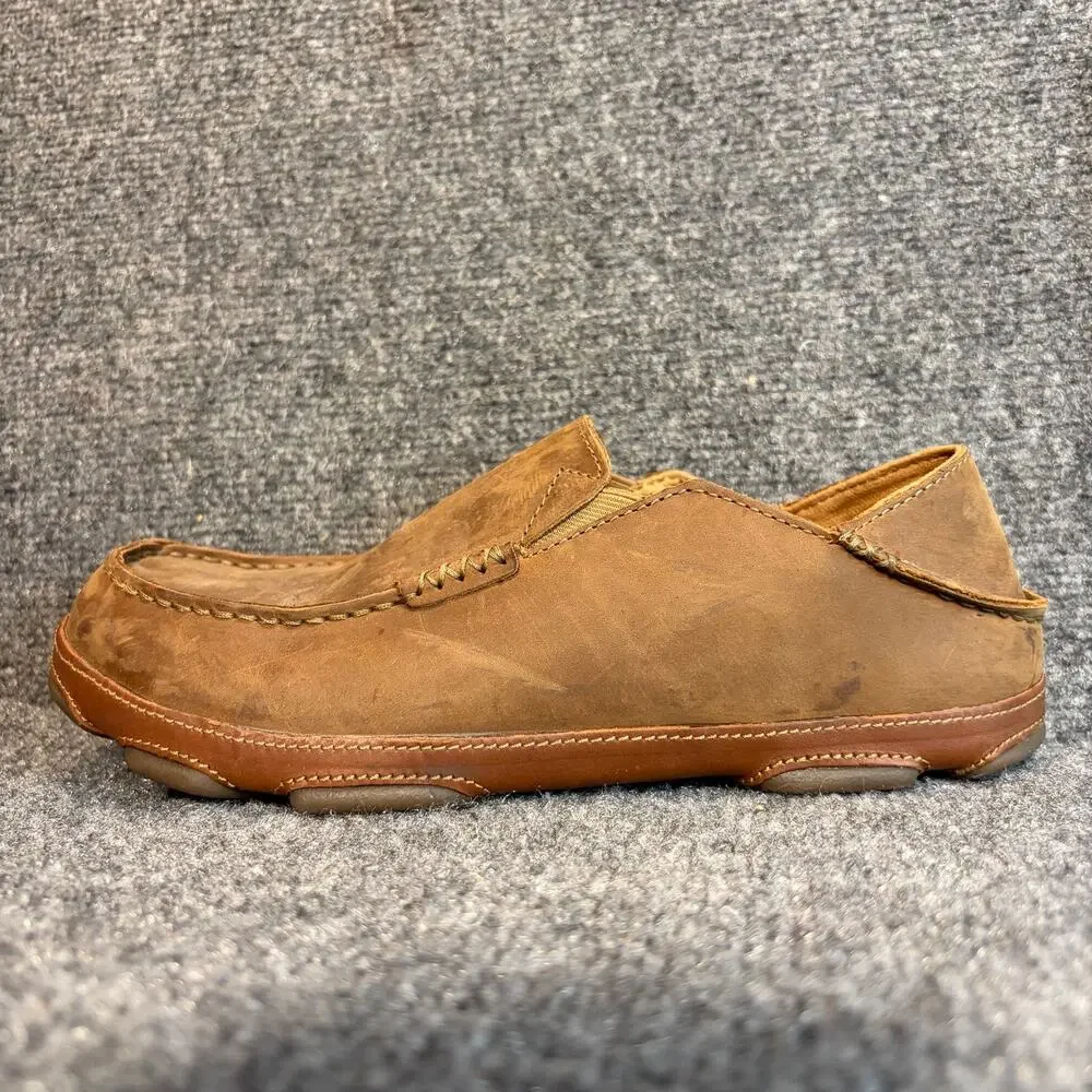 OluKai Mens 9.5 Moloa Brown Leather Slip On Shoes Drop In Heel Loafer Mules